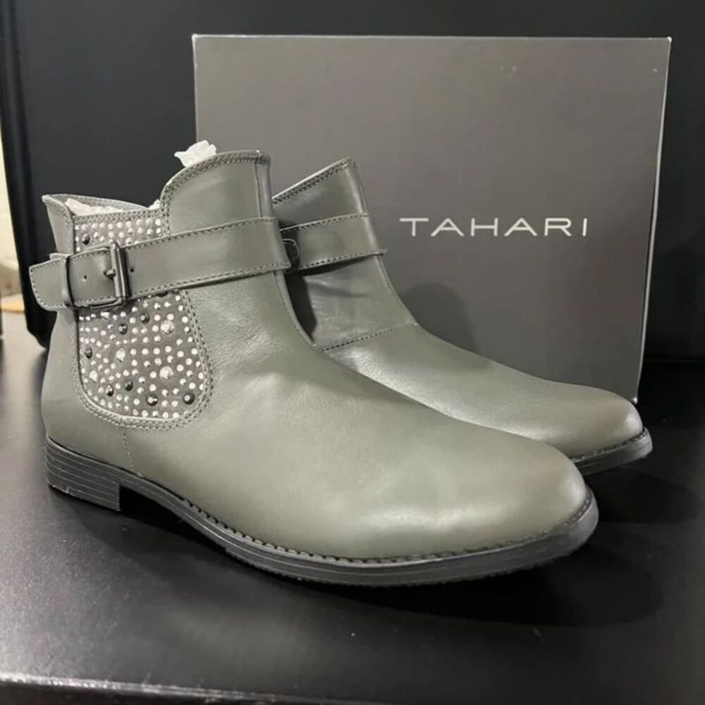 Elie Tahari Tatianna Grey Leather Rhinestone Buckle Ankle Booties Women/Youth 5